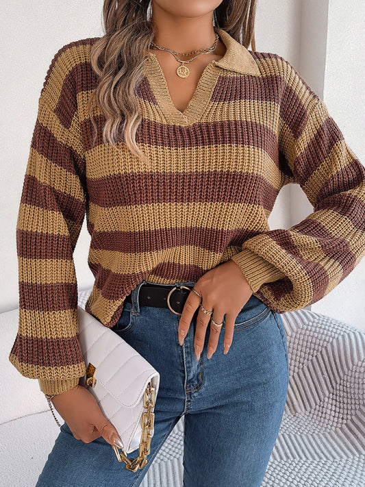 Casual Lapel Collar Contrast Stripe Long Sleeve Knit Pullover
